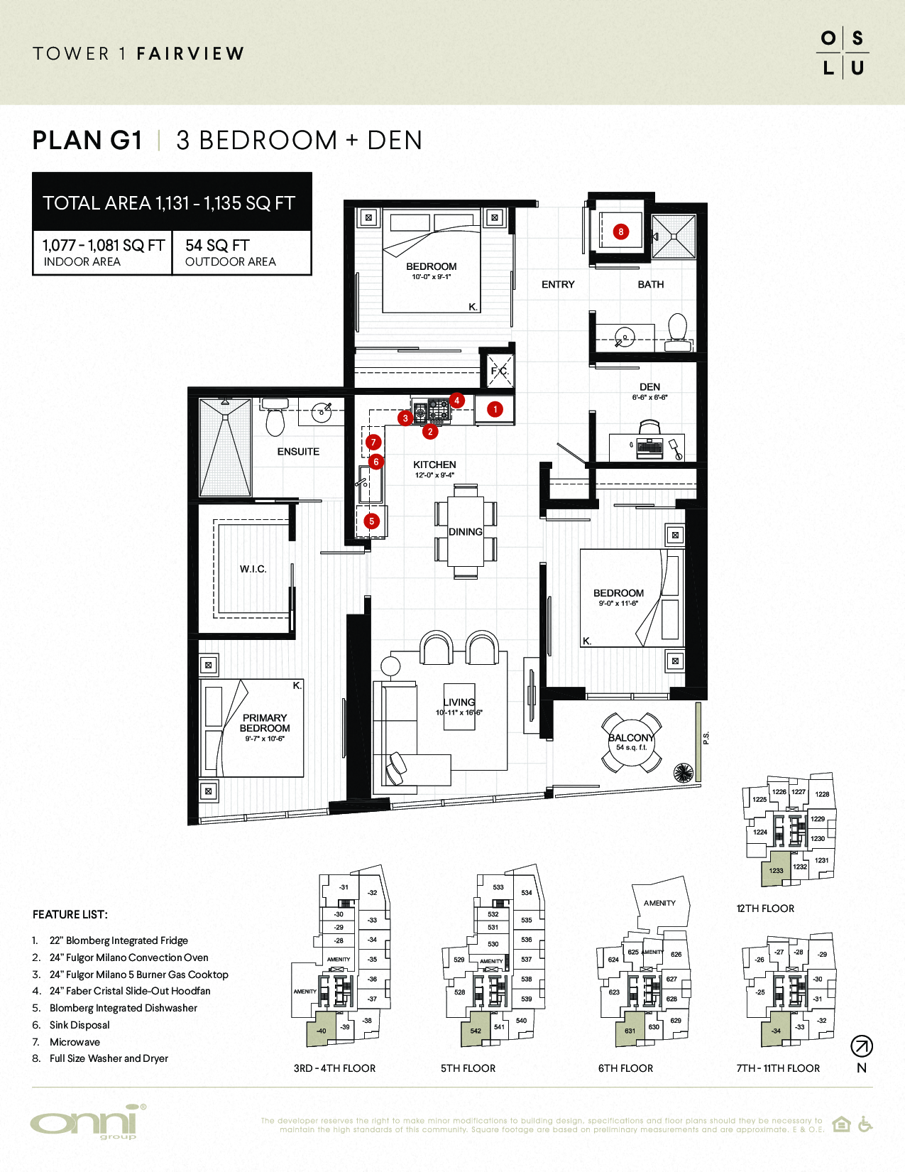 Floor plan for 3 beds, 2 baths, 1077 sqft